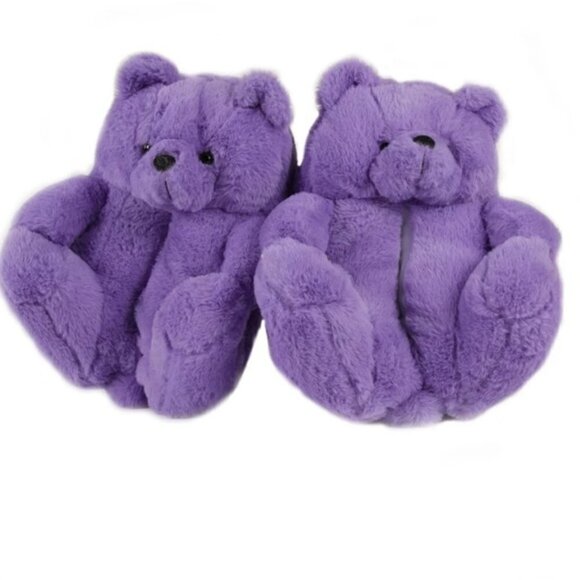 PURPLE TEDDY BEAR PLUSH SLIPPERS - Picture 1 of 7